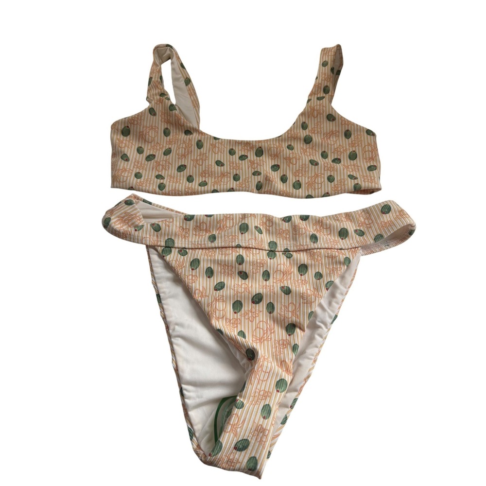 Dippin Daisys Olive Martini Striped Ribbed Bikini Set Yellow White Medium NEW
